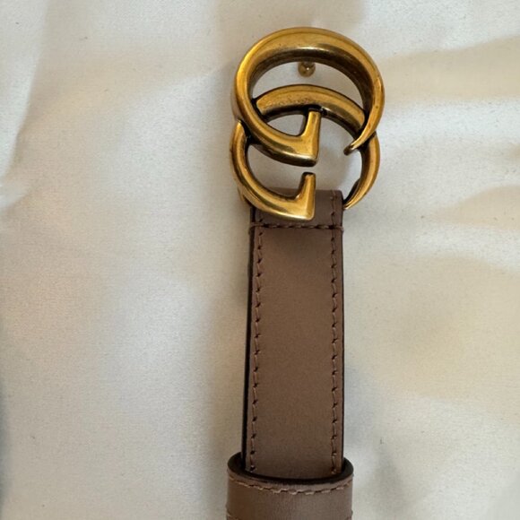 Gucci New In Box Double GG Marmont Thin Taupe Leather Gold Belt Size 75 - Picture 3 of 5